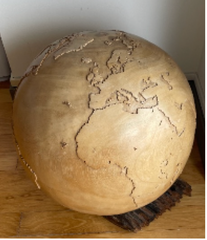 HAND CARVED WOOD GLOBE WITH BASE